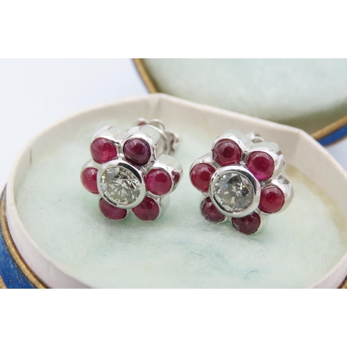 147 - Pair of 18 Carat White Gold Ruby and Diamond Cluster Earrings Total Diamond Weight Approximately 1 C... 