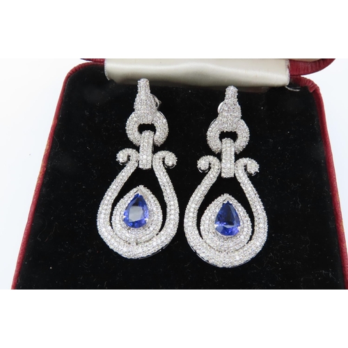 148 - Fine Pair of Tanzanite Pear Cut Diamond Decorated Ladies Drop Earrings of Attractive Form Each Tanza... 