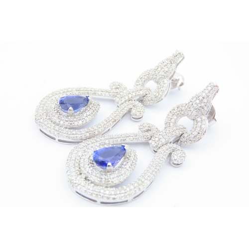 148 - Fine Pair of Tanzanite Pear Cut Diamond Decorated Ladies Drop Earrings of Attractive Form Each Tanza... 