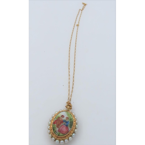 151 - Double Sided Ladies Pendant Necklace Mounted on 14 Carat Gold Seed Pearl Set with Enamel Decoration ... 