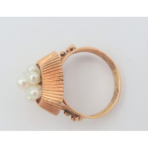 157 - Seven Pearl Decorated Ladies Ring Vintage Mounted on 14 Carat Yellow Gold Ring Size X