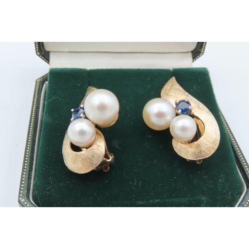 159 - Pair of Twin Natural Pearl Set Sapphire Decorated 18 Carat Yellow Gold Ladies Clip On Earrings