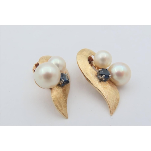 159 - Pair of Twin Natural Pearl Set Sapphire Decorated 18 Carat Yellow Gold Ladies Clip On Earrings