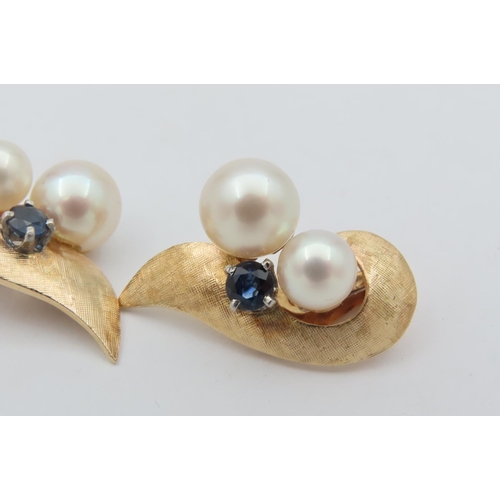 159 - Pair of Twin Natural Pearl Set Sapphire Decorated 18 Carat Yellow Gold Ladies Clip On Earrings