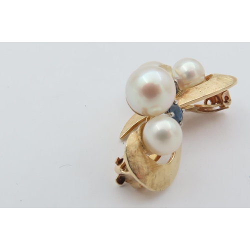 159 - Pair of Twin Natural Pearl Set Sapphire Decorated 18 Carat Yellow Gold Ladies Clip On Earrings