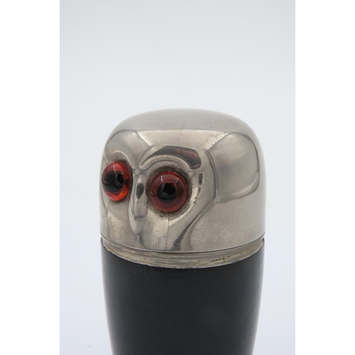 162 - Novelty Silver Plated Stir Cup Holder in Owl Form Containing Four Stacked Plated Spirit Beakers Owl ... 