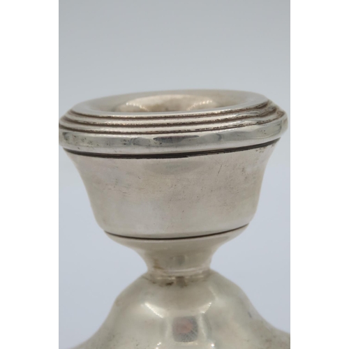 189 - Pair of Solid Silver Stepped Form Pedestal Candle Sticks Each Approximately 4 Inches Diameter