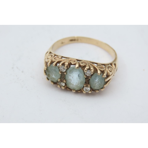 193 - 9 Carat Yellow Gold Aquamarine and Diamond Ladies Ring Three Oval Cut Aquamarines Interspersed with ... 