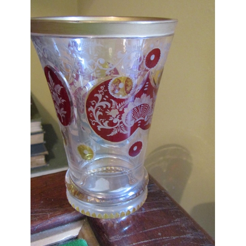 204 - Bohemia Cut Crystal Shaped Form Vase Flared Rim with Cranberry Glass Etched Decoration Approximately... 