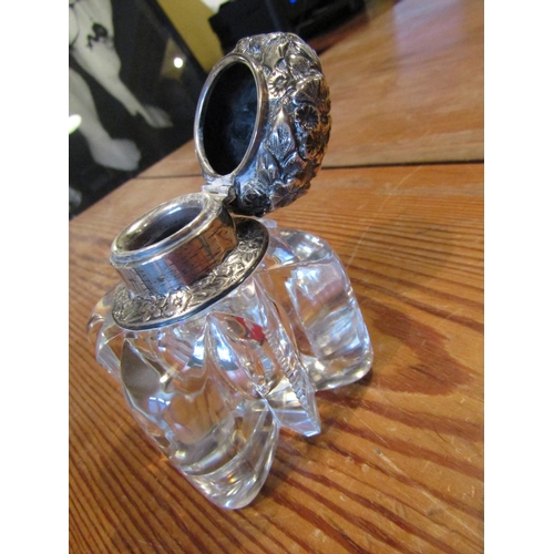 215 - Solid Silver Mounted Desk Jar with Hinged Cover Shaped Form Crystal Well Approximately 4 Inches High