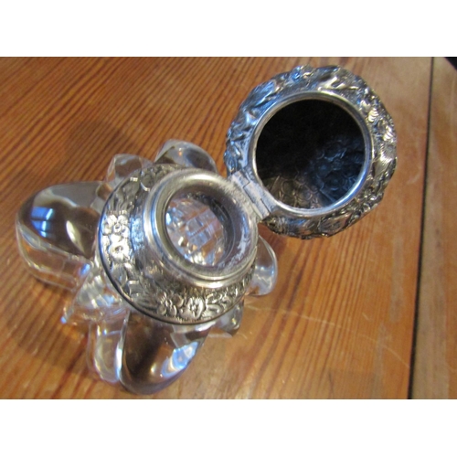 215 - Solid Silver Mounted Desk Jar with Hinged Cover Shaped Form Crystal Well Approximately 4 Inches High