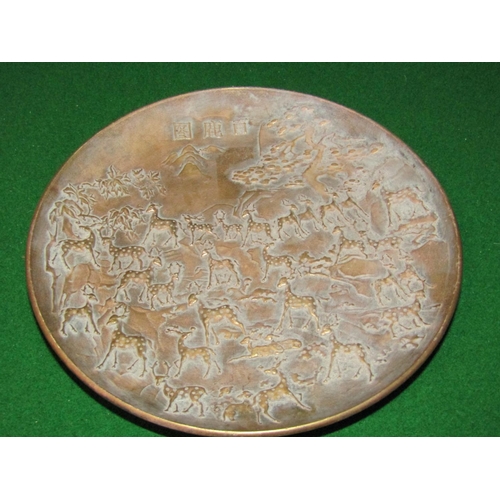 218 - Oriental Bronze Dish with Incised Decoration Depicting Various Deer etc within Mountain Landscape Si... 