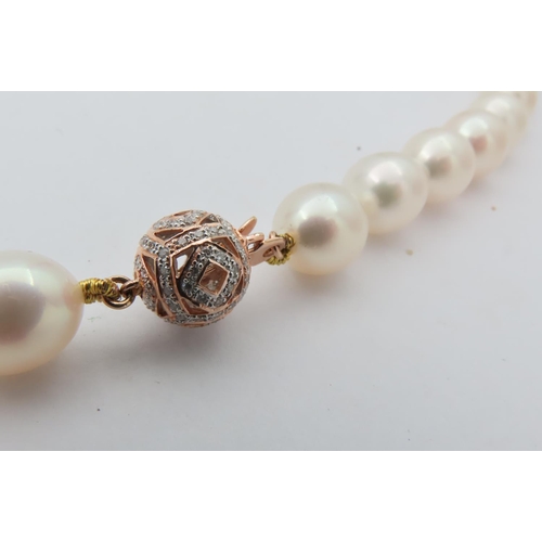 276 - Single Strand Pearl Necklace Attractive Hue with Diamond Decorated 18 Carat Yellow Gold Ball Clasp N... 