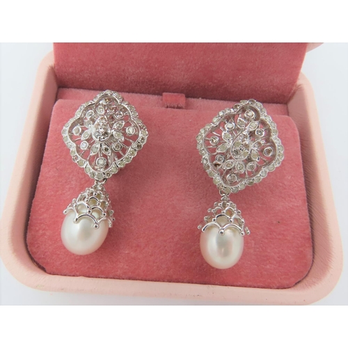 278 - Pair of 18 Carat White Gold Diamond and Natural Pearl Mounted Drop Earrings Vintage Clip On with Fil... 