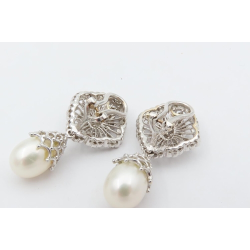 278 - Pair of 18 Carat White Gold Diamond and Natural Pearl Mounted Drop Earrings Vintage Clip On with Fil... 