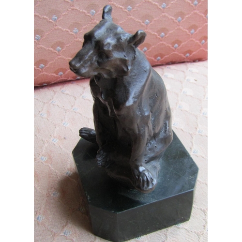 297 - Bronze Sculpture Seated Bear on Green Canted Corner Marble Base Approximately 6 Inches High