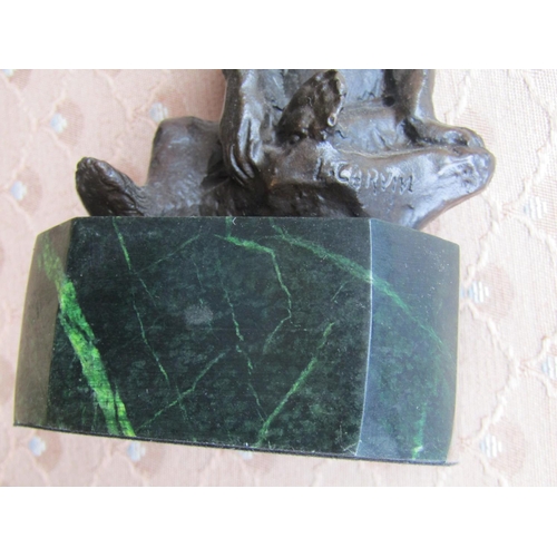 297 - Bronze Sculpture Seated Bear on Green Canted Corner Marble Base Approximately 6 Inches High