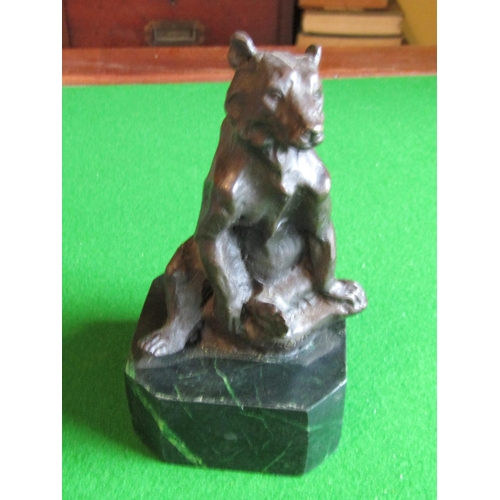 297 - Bronze Sculpture Seated Bear on Green Canted Corner Marble Base Approximately 6 Inches High