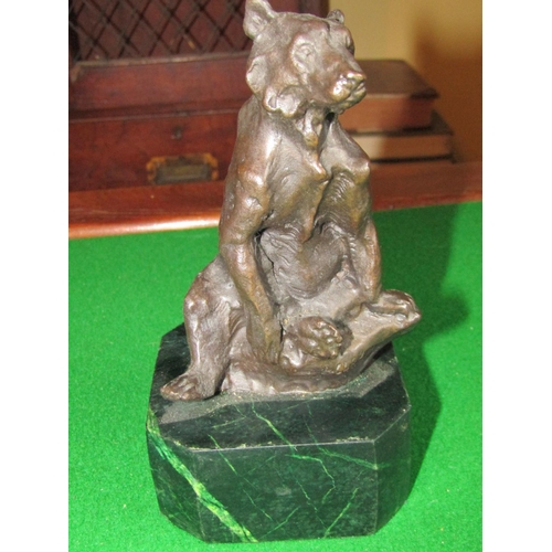 297 - Bronze Sculpture Seated Bear on Green Canted Corner Marble Base Approximately 6 Inches High