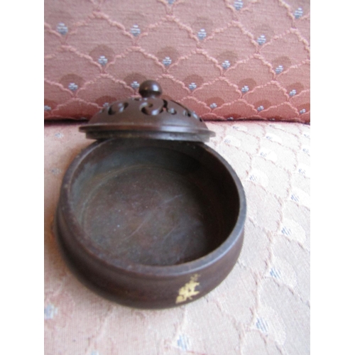 485 - Chinese Bronze Gold Splash Decorated Sensor with Cover Approximately 4 Inches Diameter