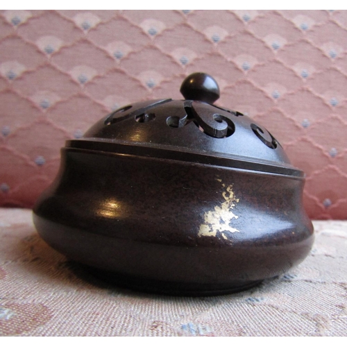 485 - Chinese Bronze Gold Splash Decorated Sensor with Cover Approximately 4 Inches Diameter
