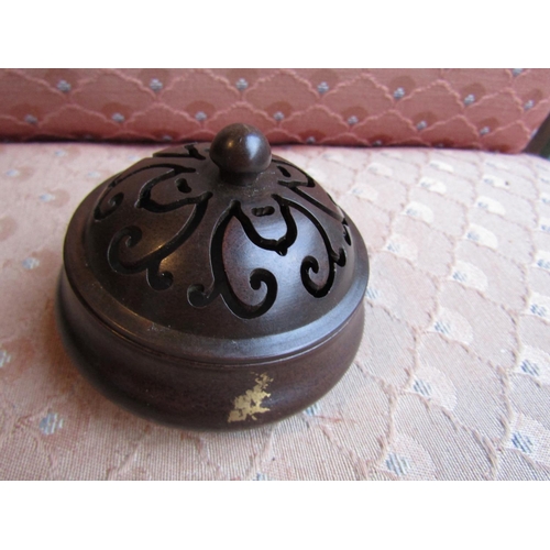 485 - Chinese Bronze Gold Splash Decorated Sensor with Cover Approximately 4 Inches Diameter