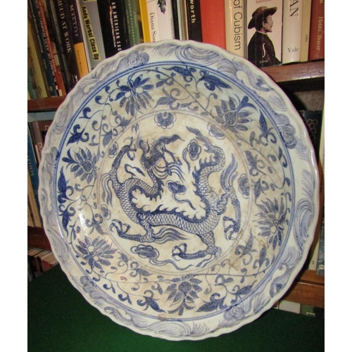 489 - Large Oriental Blue and White Porcelain Charger with Dragon Motifs Signed to Base Approximately 16 I... 