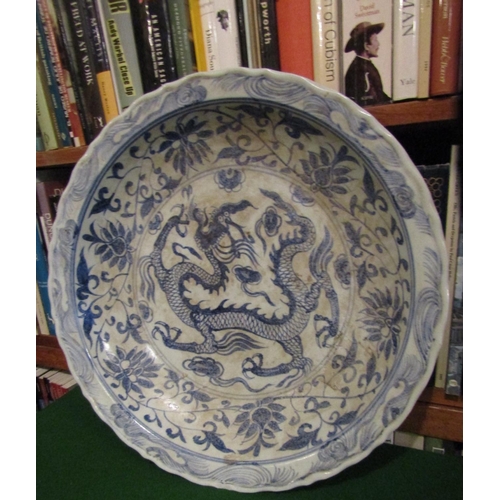489 - Large Oriental Blue and White Porcelain Charger with Dragon Motifs Signed to Base Approximately 16 I... 