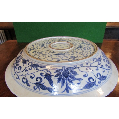 489 - Large Oriental Blue and White Porcelain Charger with Dragon Motifs Signed to Base Approximately 16 I... 