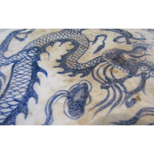 489 - Large Oriental Blue and White Porcelain Charger with Dragon Motifs Signed to Base Approximately 16 I... 