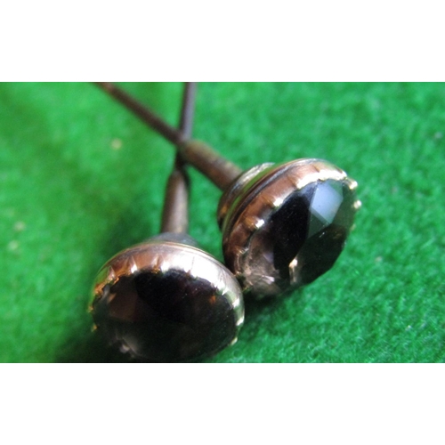 492 - Two Smokey Garnet Set 9 Carat Gold Hat Pins Antique Each Approximately 5 Inches Long