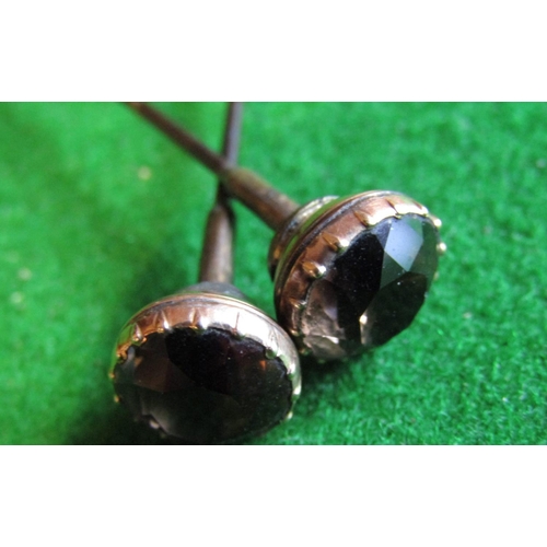 492 - Two Smokey Garnet Set 9 Carat Gold Hat Pins Antique Each Approximately 5 Inches Long
