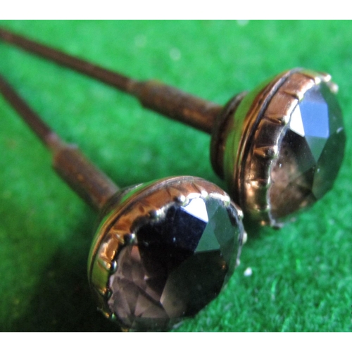 492 - Two Smokey Garnet Set 9 Carat Gold Hat Pins Antique Each Approximately 5 Inches Long