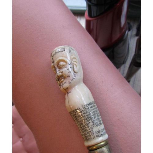 507 - Unusual Carved Head Handled Walking Stick with Brass Mounted Cuff Approximately 36 Inches High