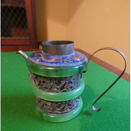 510 - Unusual Antique Jade Decorated Silver Teapot Eastern Origin with Further Enamel Decoration Approxima... 