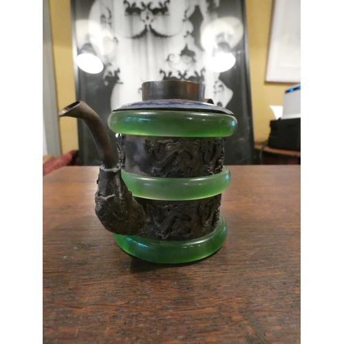 510 - Unusual Antique Jade Decorated Silver Teapot Eastern Origin with Further Enamel Decoration Approxima... 