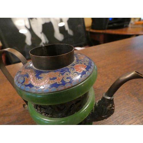 510 - Unusual Antique Jade Decorated Silver Teapot Eastern Origin with Further Enamel Decoration Approxima... 
