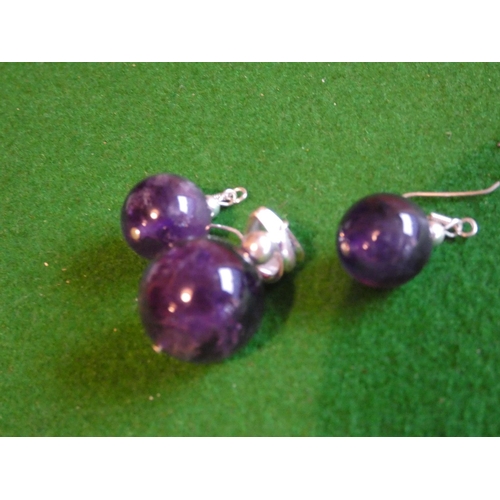 511 - Pair of Solid Silver Mounted Amethyst Pendant Drop Earrings with Matching Silver Necklace Pendant Th... 