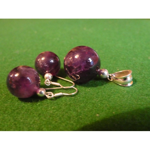 511 - Pair of Solid Silver Mounted Amethyst Pendant Drop Earrings with Matching Silver Necklace Pendant Th... 