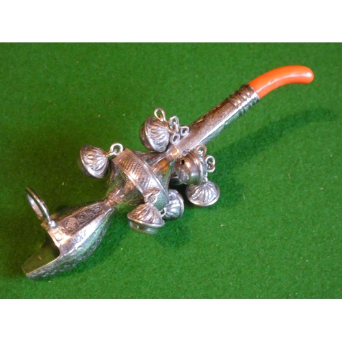 513 - Babies Silver Rattle Cavalier Motif with Coral Soother Approximately 5 Inches High