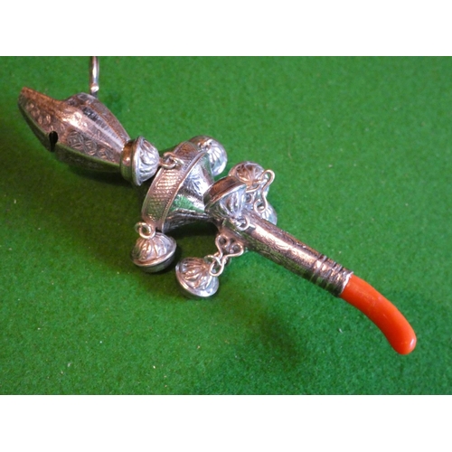 513 - Babies Silver Rattle Cavalier Motif with Coral Soother Approximately 5 Inches High