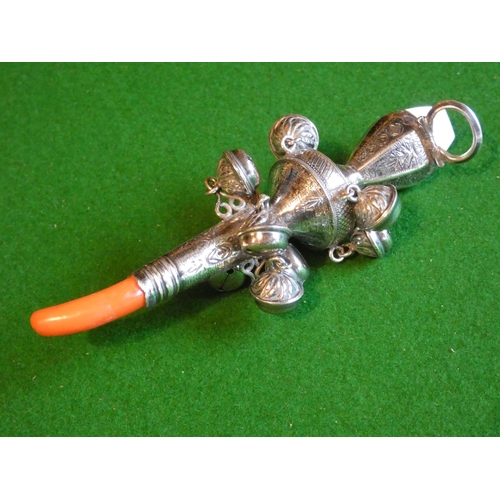 513 - Babies Silver Rattle Cavalier Motif with Coral Soother Approximately 5 Inches High