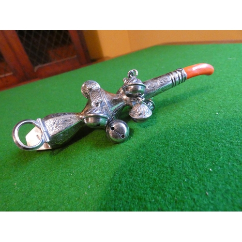 513 - Babies Silver Rattle Cavalier Motif with Coral Soother Approximately 5 Inches High