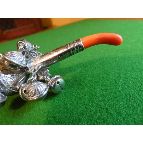 513 - Babies Silver Rattle Cavalier Motif with Coral Soother Approximately 5 Inches High