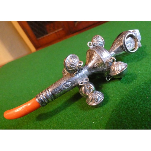 513 - Babies Silver Rattle Cavalier Motif with Coral Soother Approximately 5 Inches High
