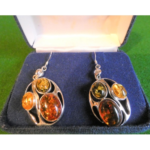 514 - Pair of Solid Silver Mounted Amber Set Ladies Earrings Oval Form Each Approximately 4cm High