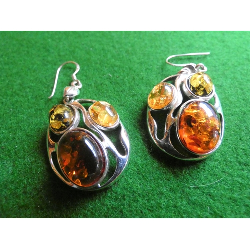 514 - Pair of Solid Silver Mounted Amber Set Ladies Earrings Oval Form Each Approximately 4cm High