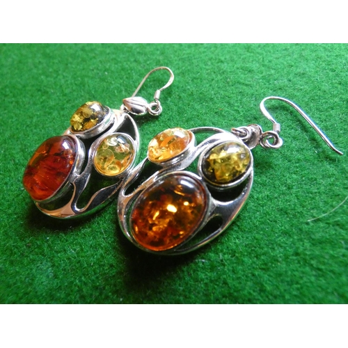 514 - Pair of Solid Silver Mounted Amber Set Ladies Earrings Oval Form Each Approximately 4cm High