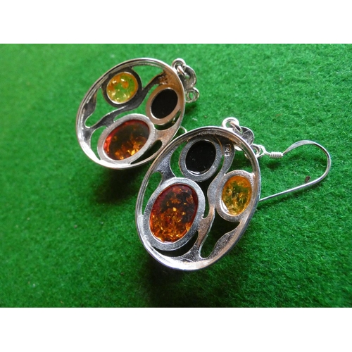 514 - Pair of Solid Silver Mounted Amber Set Ladies Earrings Oval Form Each Approximately 4cm High