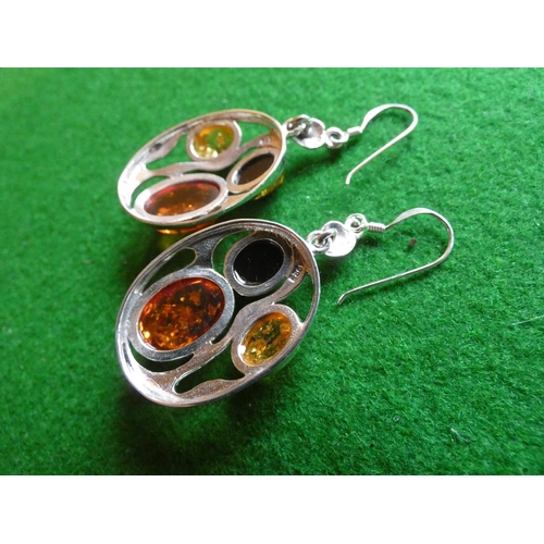 514 - Pair of Solid Silver Mounted Amber Set Ladies Earrings Oval Form Each Approximately 4cm High